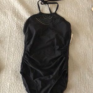 Brand new S Merona, black, one piece, halter style swimsuit, ties at neck.